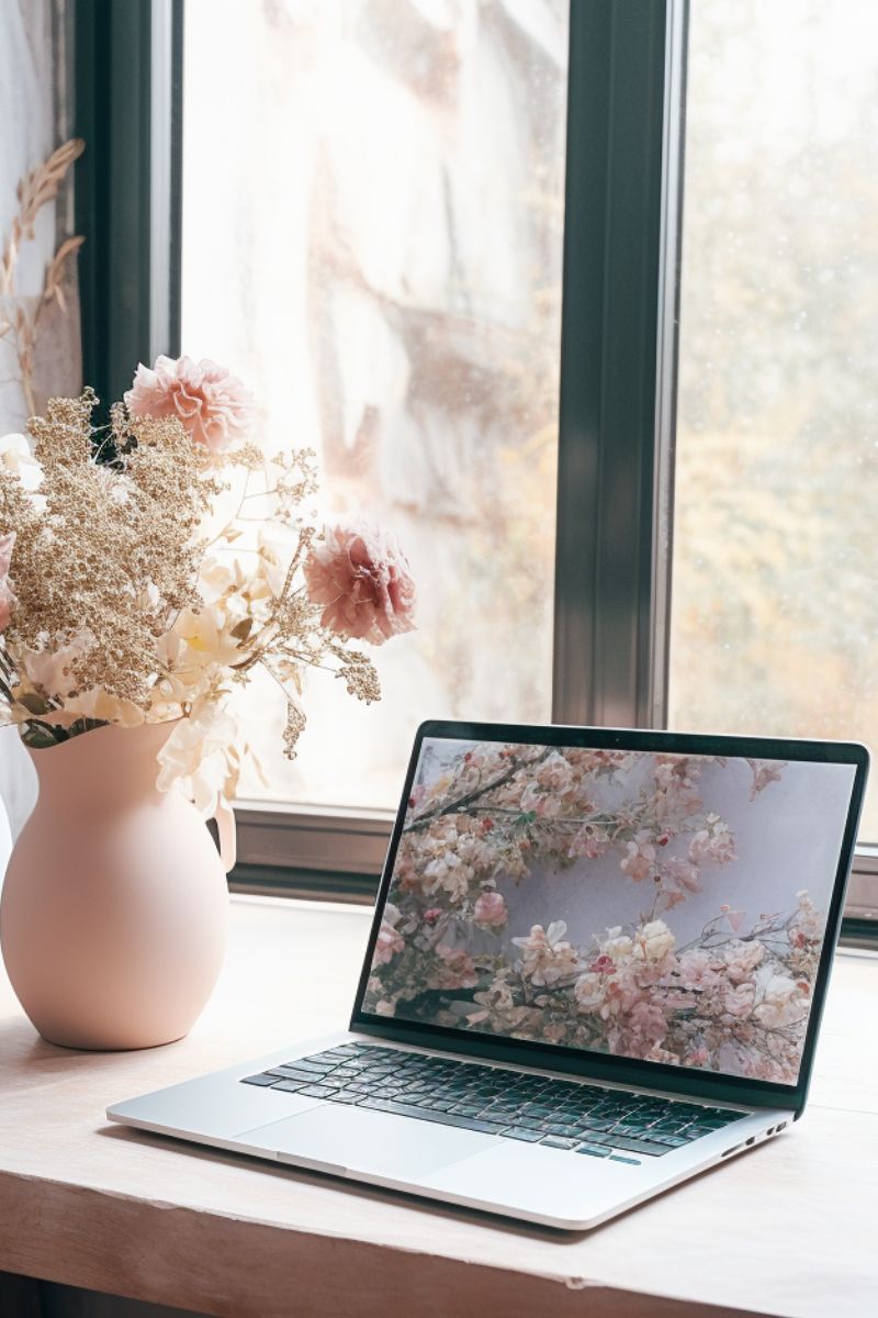 Laptop on desk with pink flower screensaver and pastel pink flower vase sitting in front of window.
